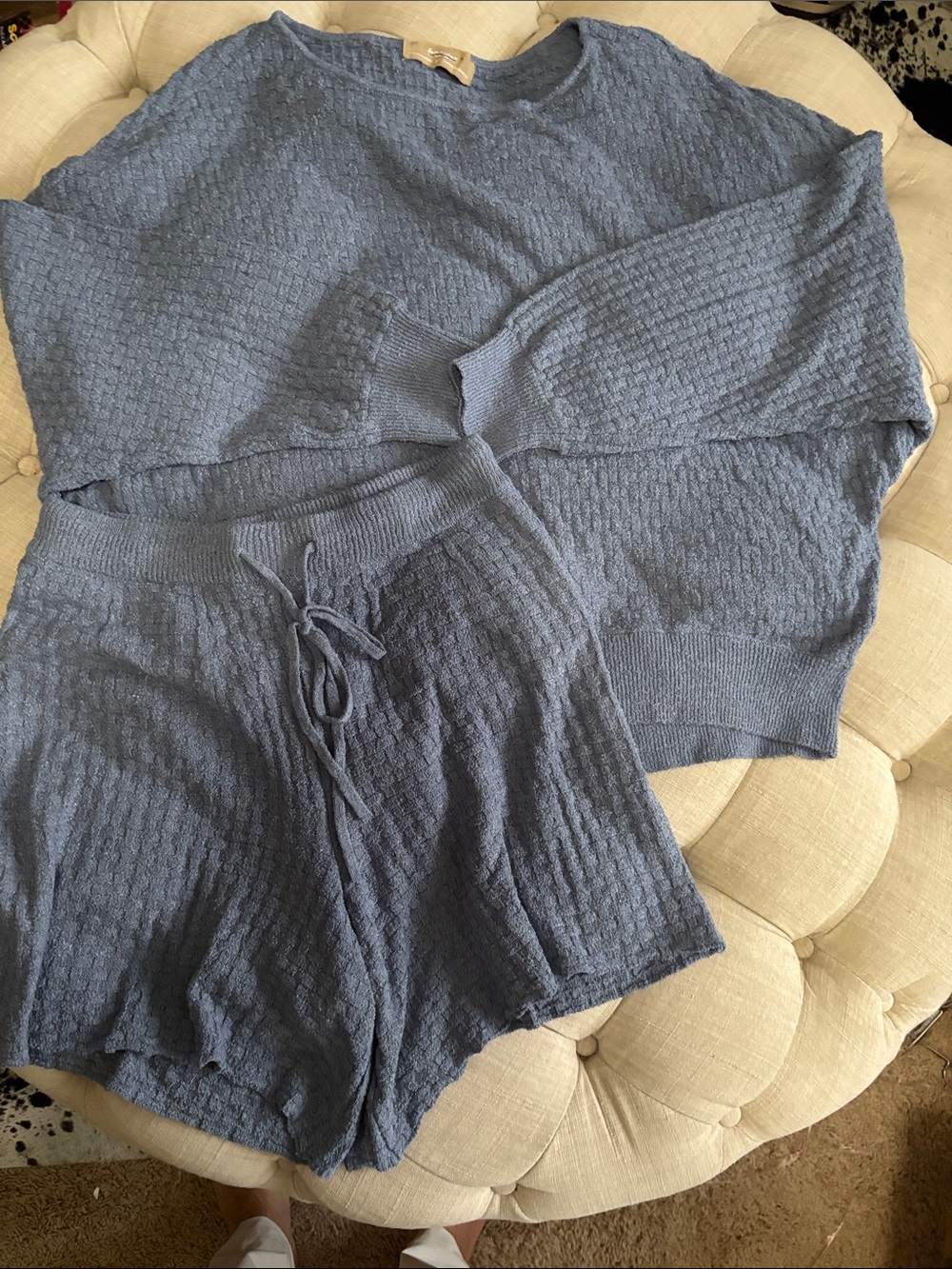 Free People Dusty Blue Knit High-Waist Drawstring Shorts and Sweater Set
